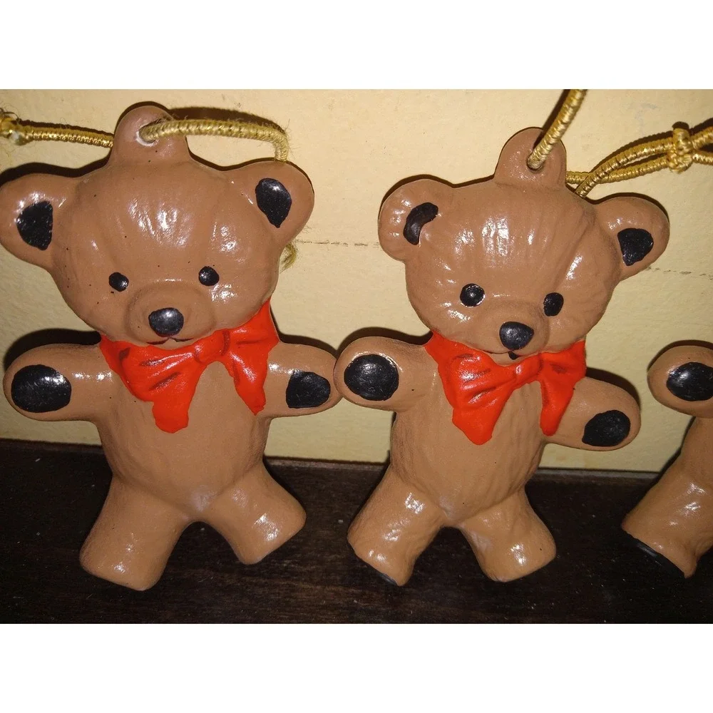 LOT OF 5 VTG Teddy Bear Christmas Ornament Red Bow Ceramic Grandmacore 1980s‎